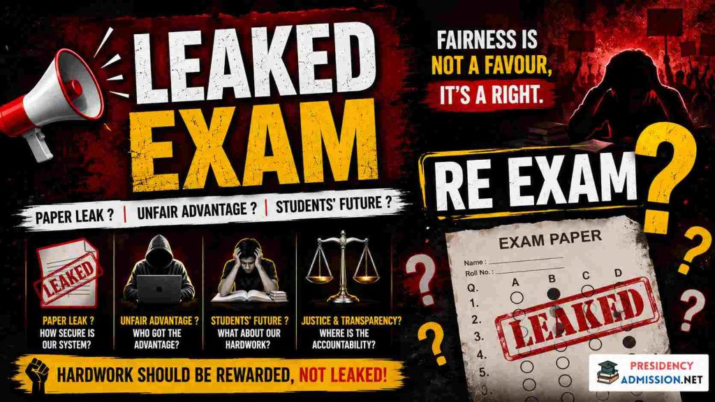 Leaked exam awareness poster in red and black theme featuring bold “LEAKED EXAM” text, “RE EXAM?”